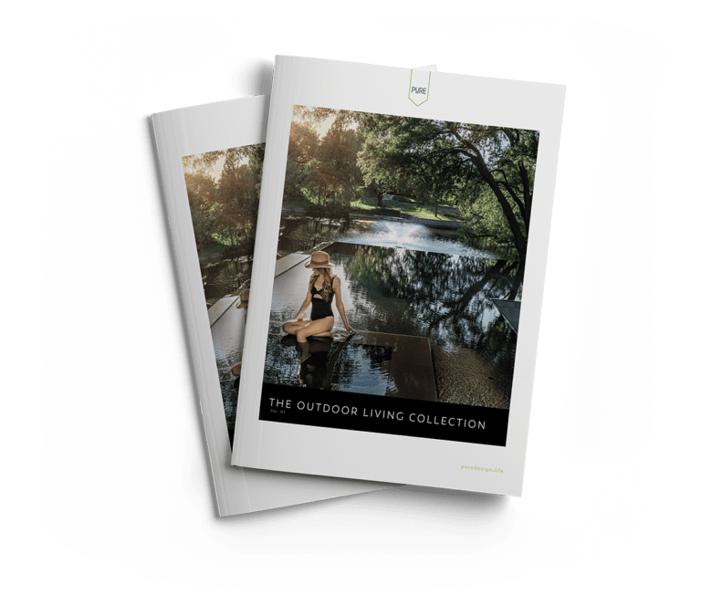 A brochure titled "The Outdoor Living Collection" featuring a front cover image of a person wearing a hat and sitting by a reflective body of water surrounded by lush greenery and trees. The person is relaxing in a serene outdoor setting.